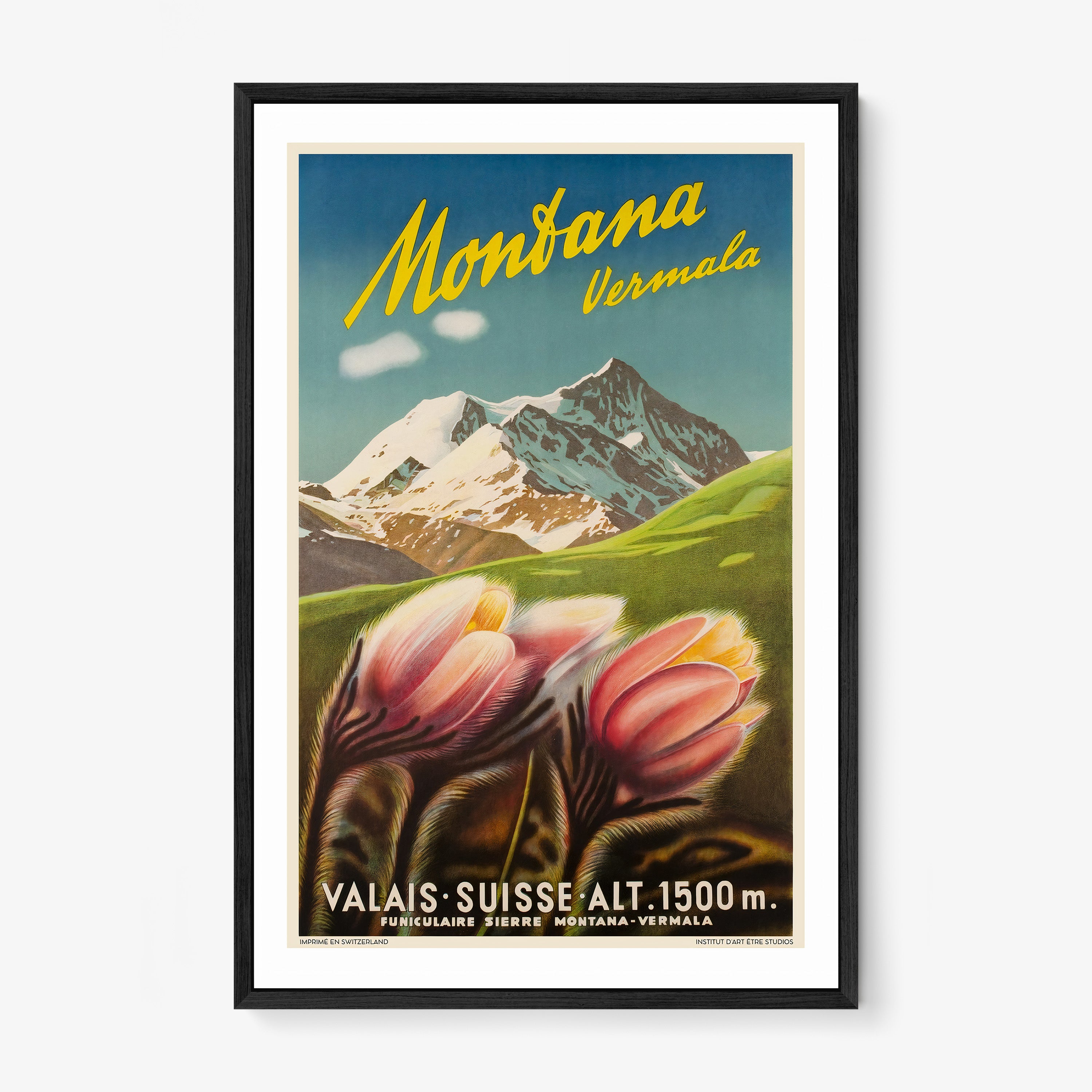 Framed poster of a mountain and flowers with 'Montana Vermale' text on a wall.
