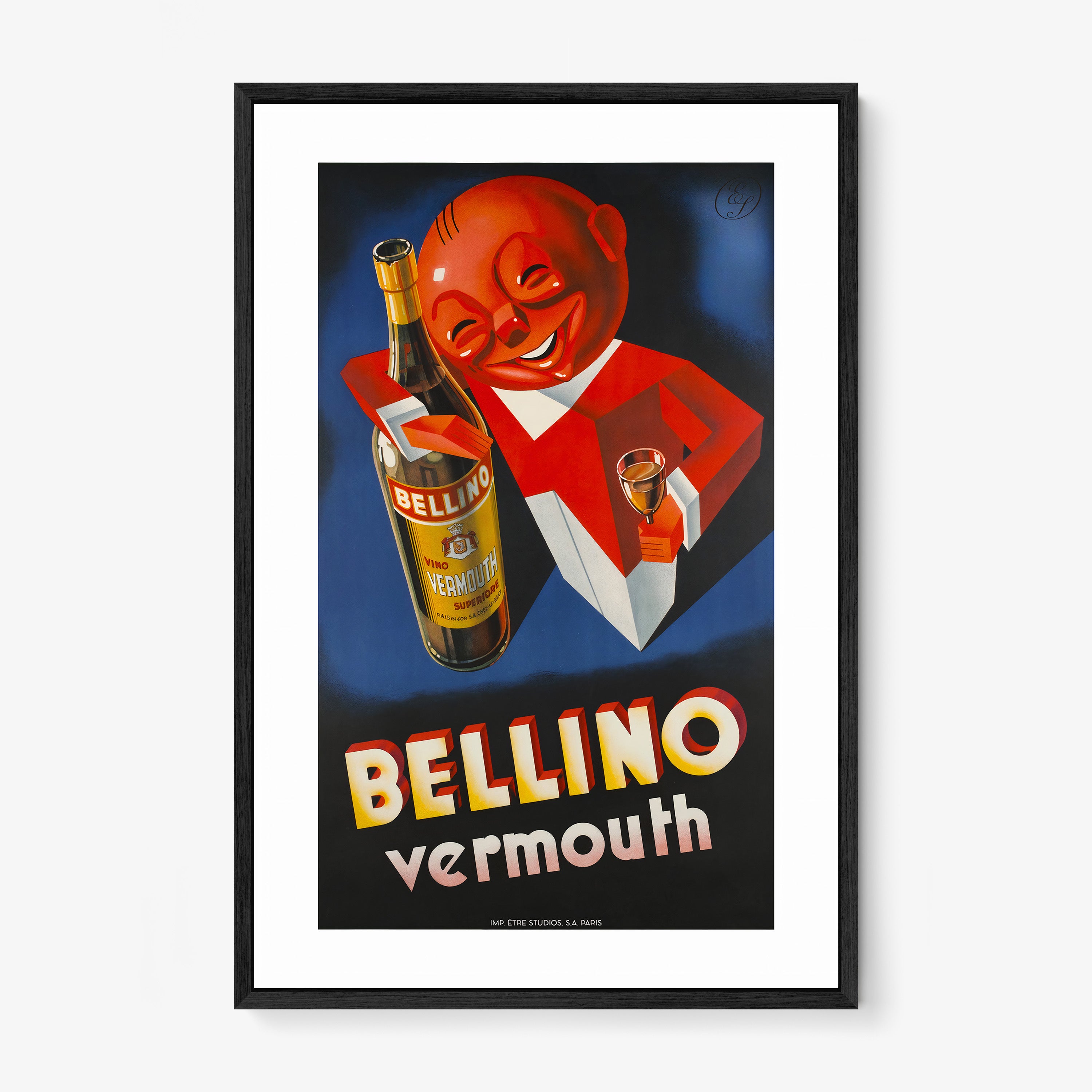 A framed poster features an advertisement for Bellino Vermouth