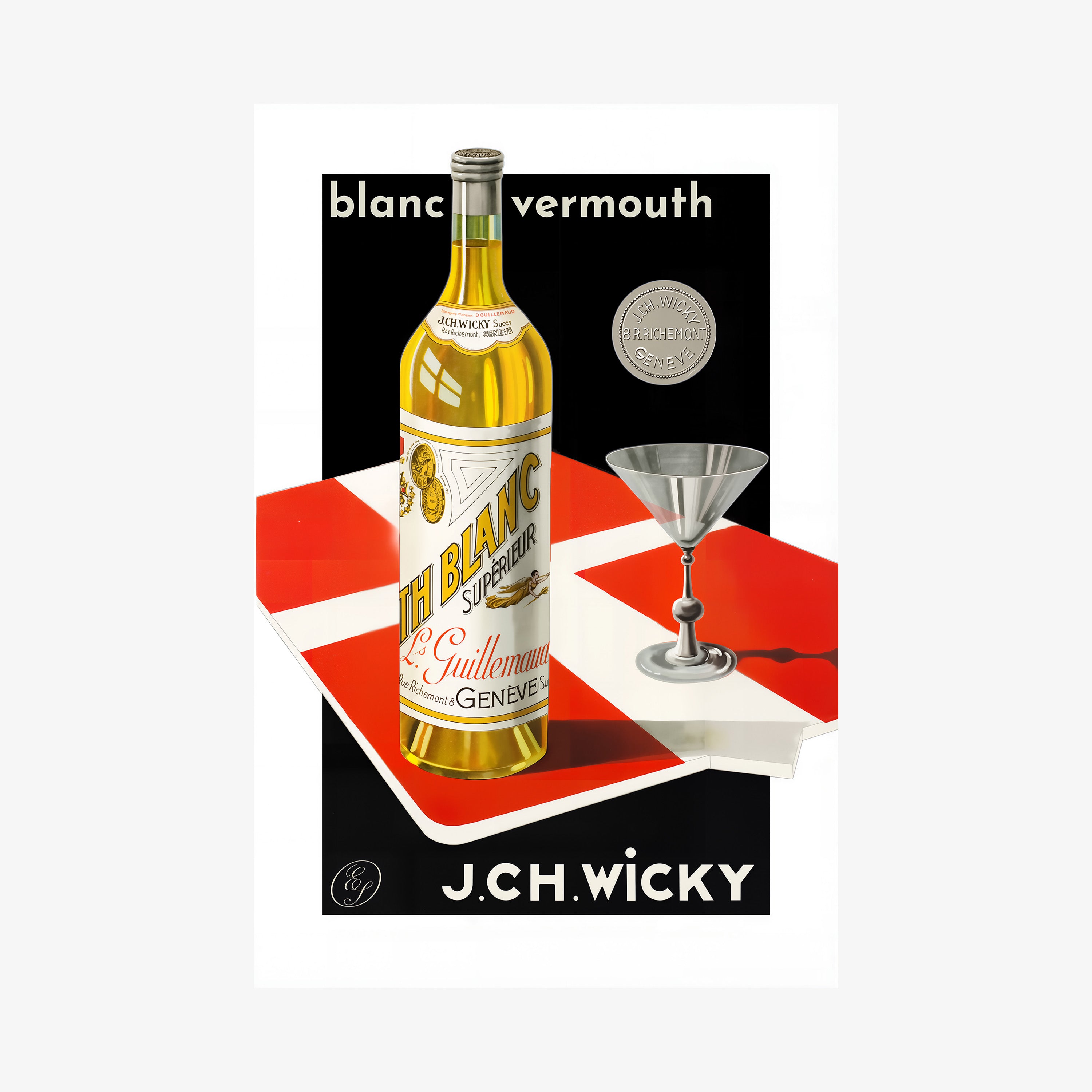 A poster featuring a bottle of vermouth and a cocktail glass in a bold graphic style