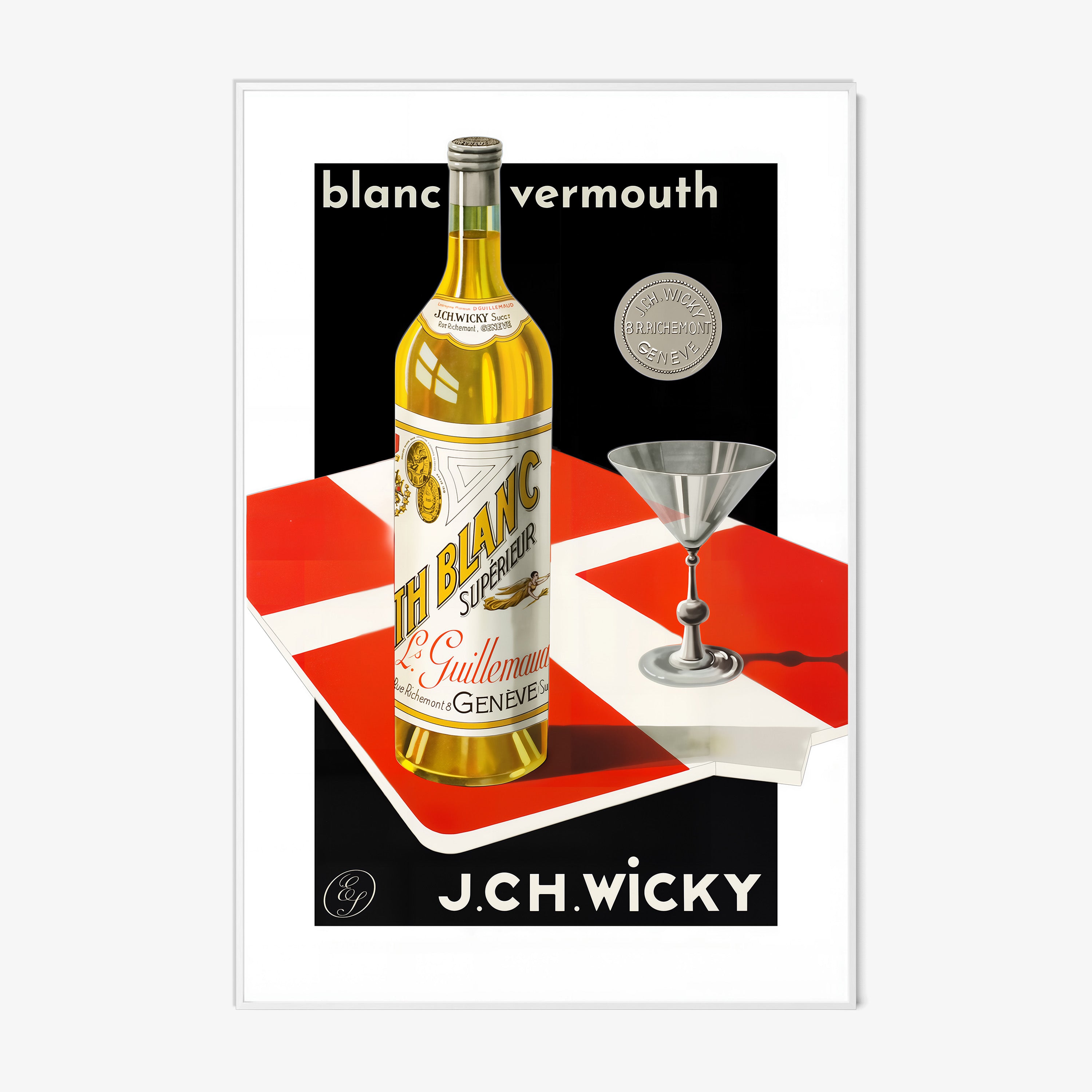 A framed poster features a bottle of vermouth and a cocktail glass in a bold graphic style