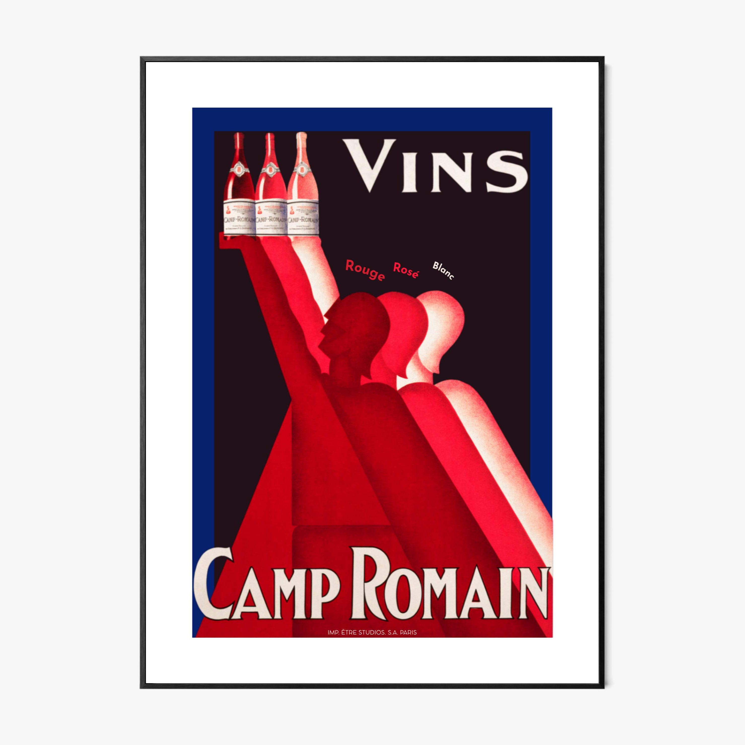 Vintage-style wine advertisement poster for Camp Romain with a woman in a red dress holding wine bottles.