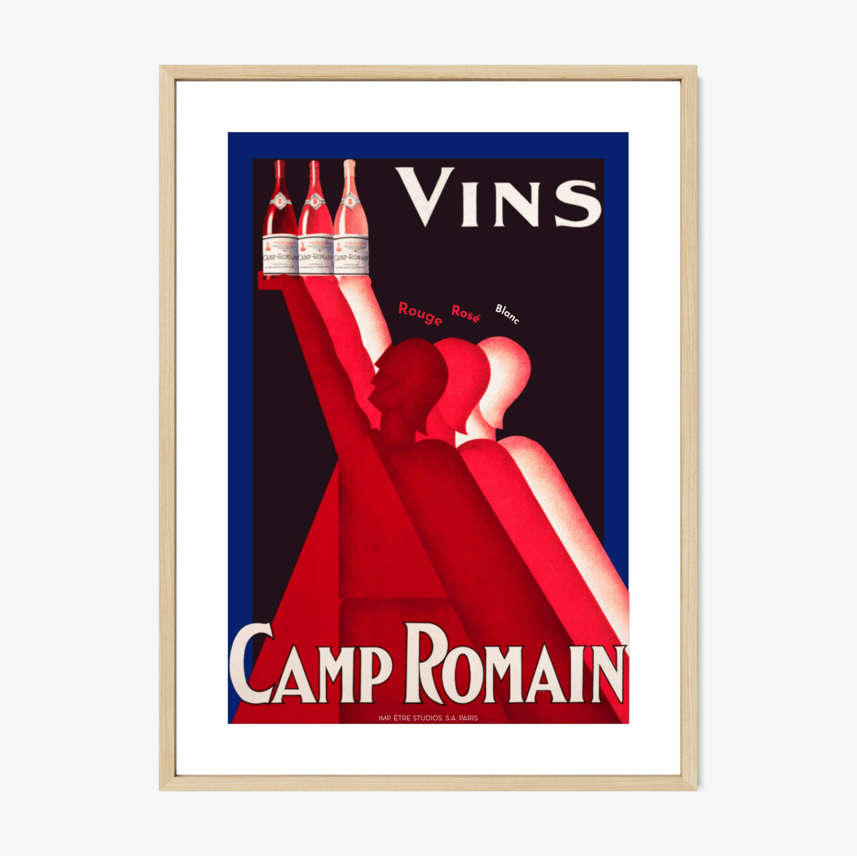 Vintage-style advertisement poster for Camp Romain wine with a woman in a red dress holding bottles.