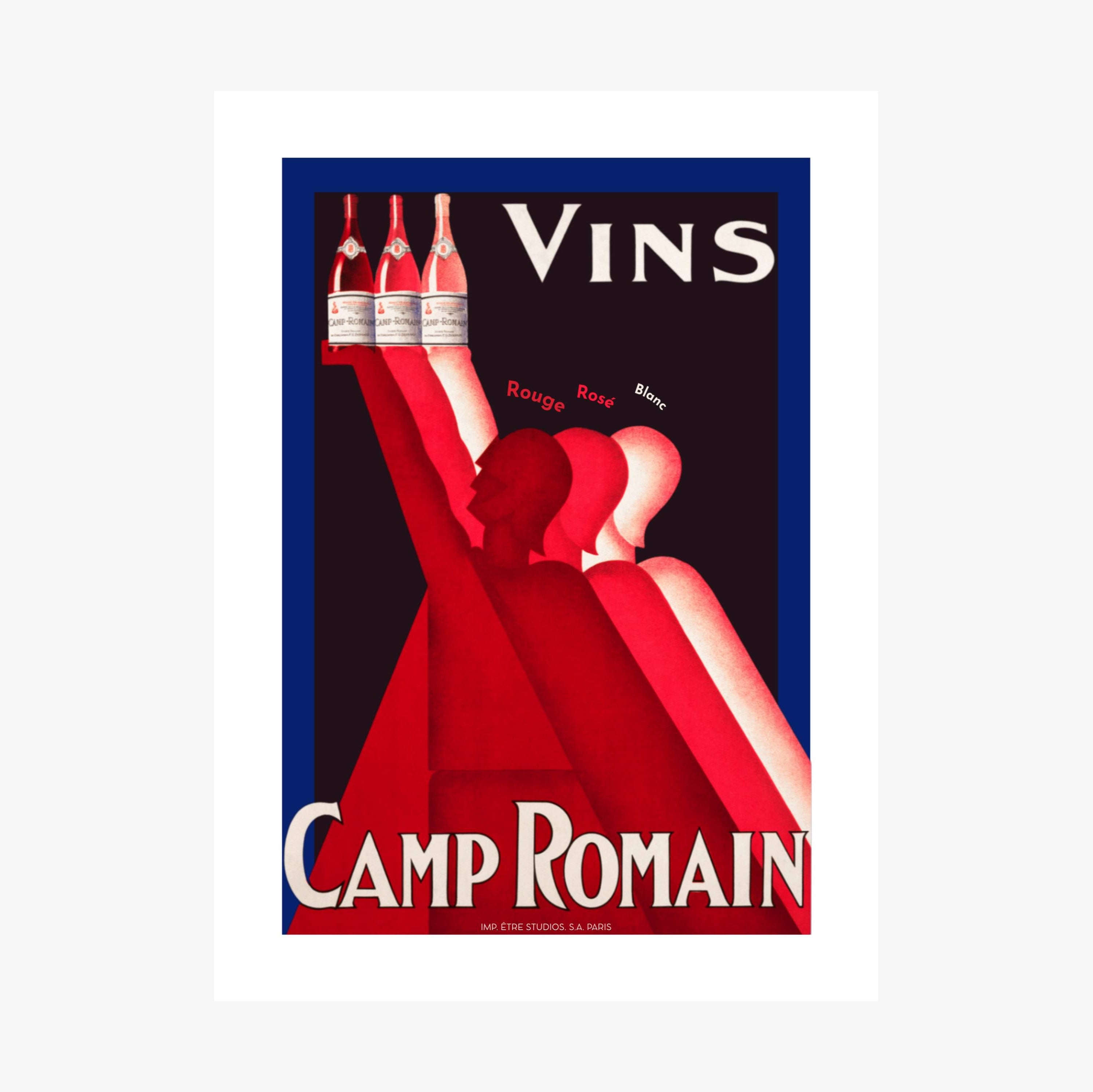 Vintage-style advertisement poster for Camp Romain wine with a woman in a red dress holding bottles.