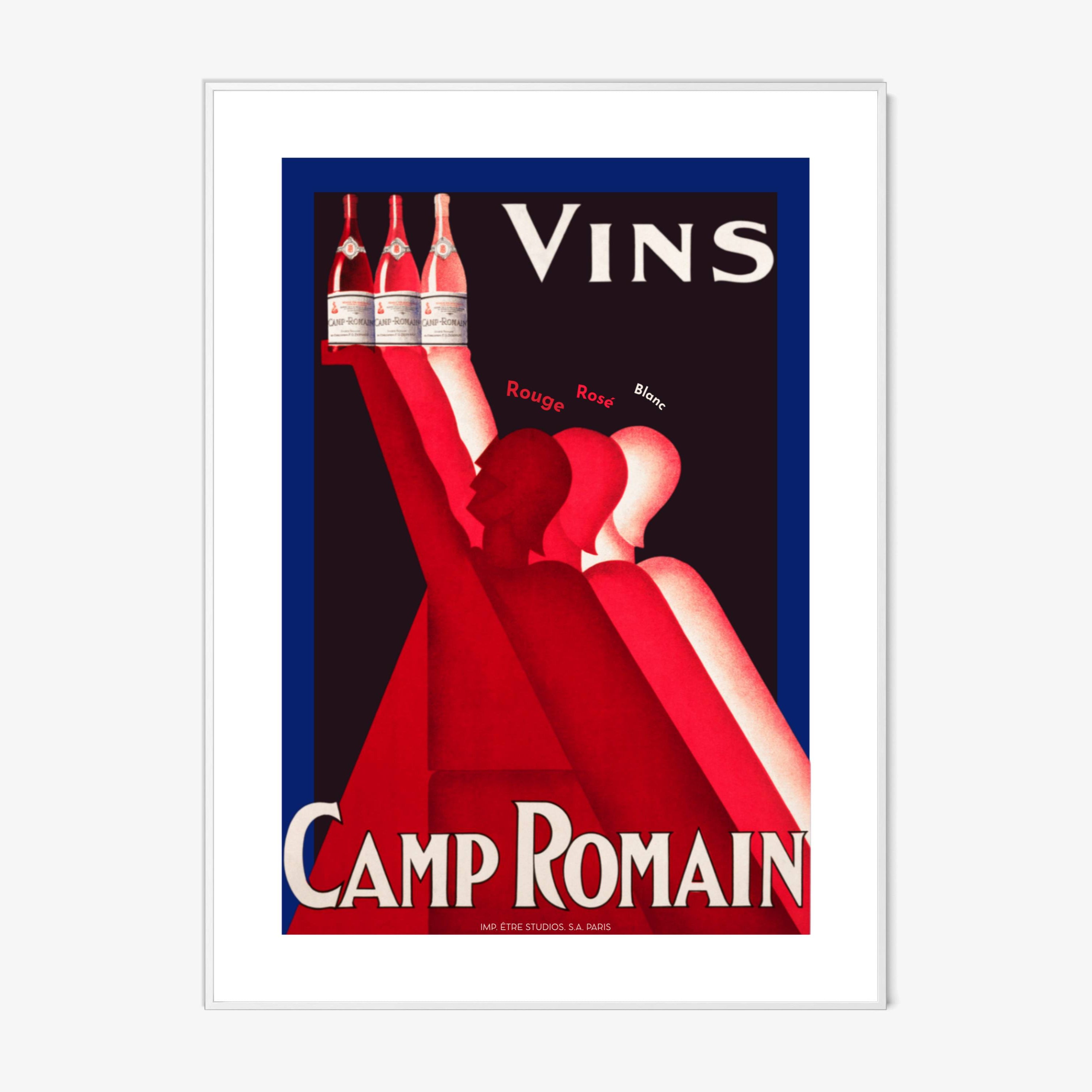 Vintage-style advertisement poster for Camp Romain wine with a woman in a red dress holding bottles.