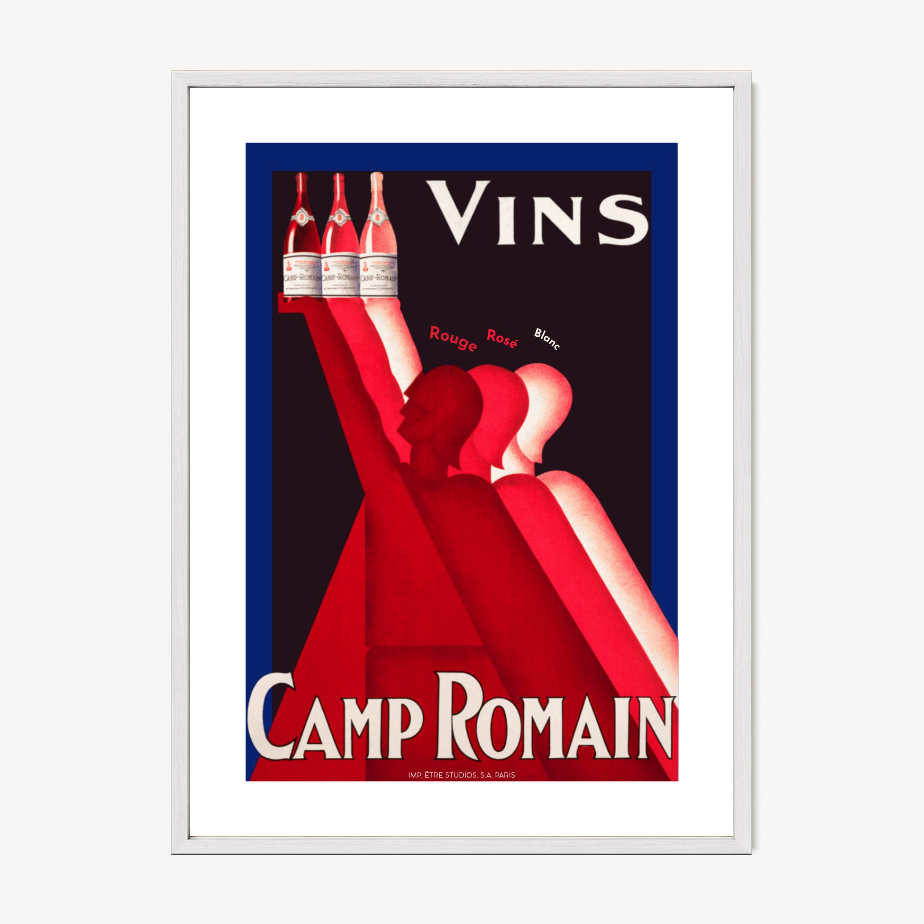 Vintage-style advertisement poster for Camp Romain wine with a woman in a red dress holding bottles.