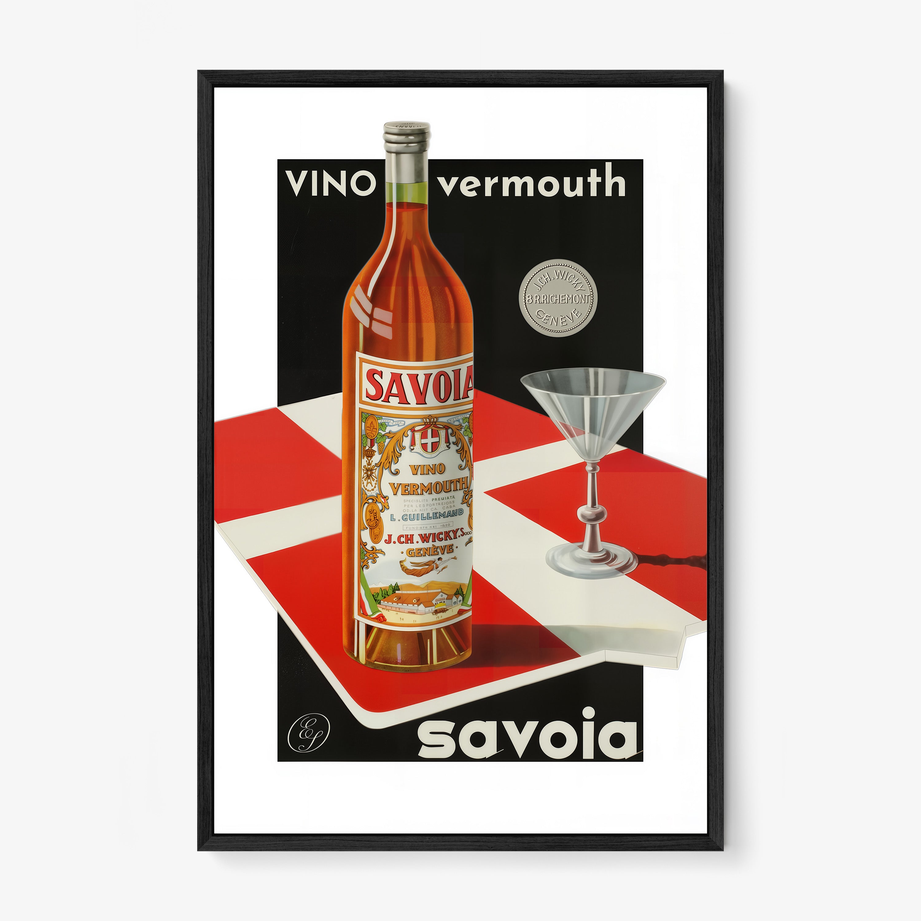 A framed poster features a bottle of vermouth and a cocktail glass in a bold graphic style.