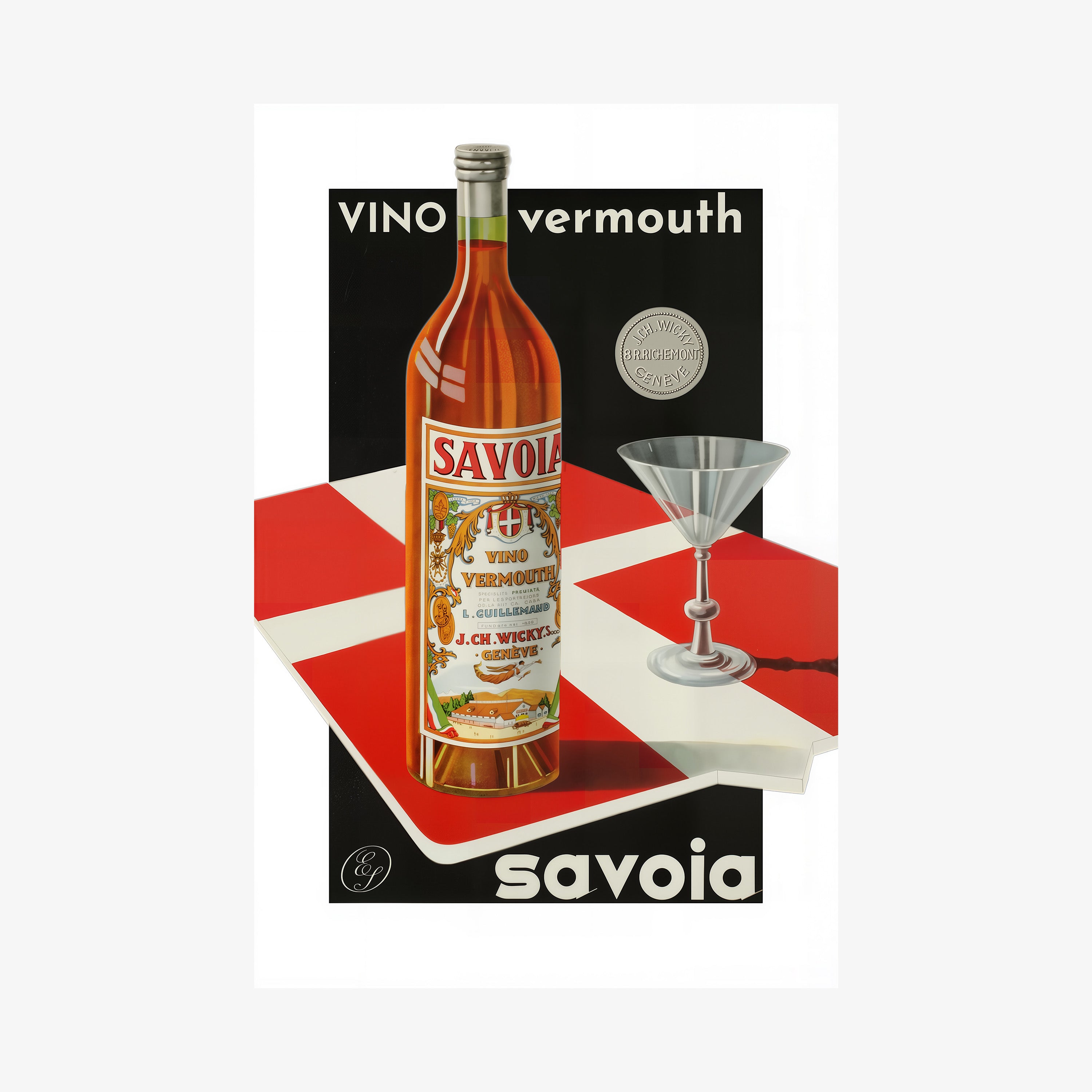 A  poster features a bottle of vermouth and a cocktail glass in a bold graphic style.