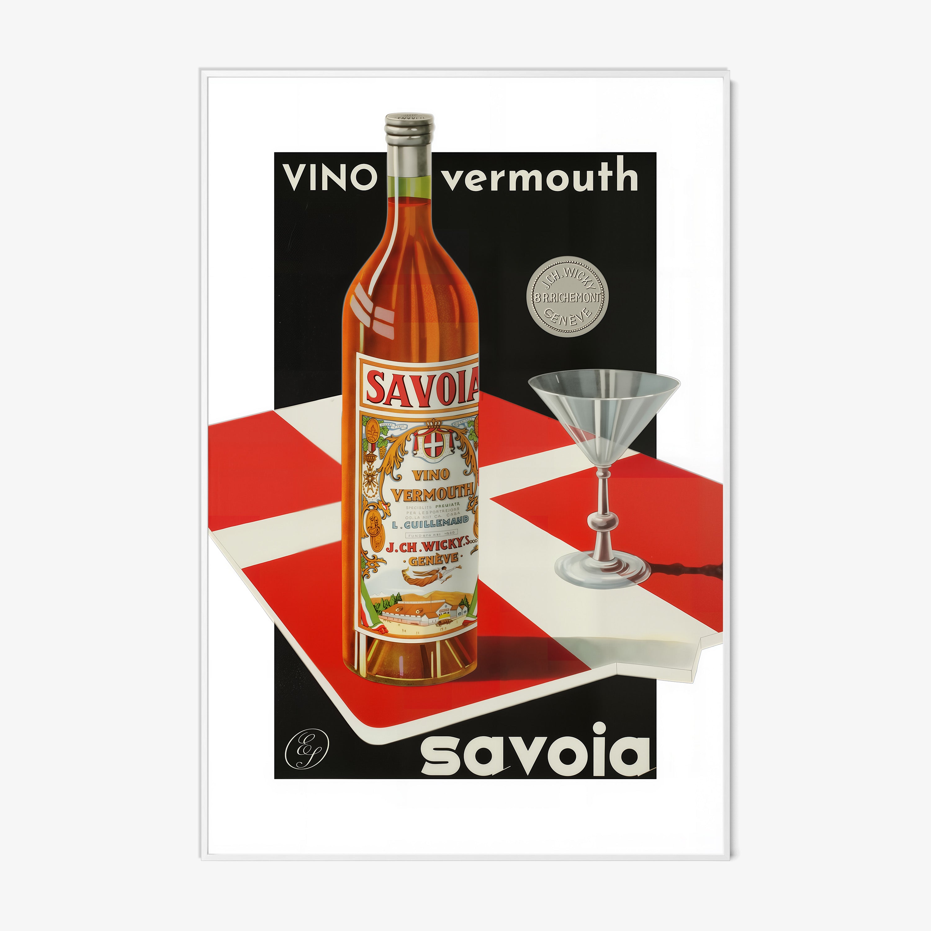 A framed poster features a bottle of vermouth and a cocktail glass in a bold graphic style.