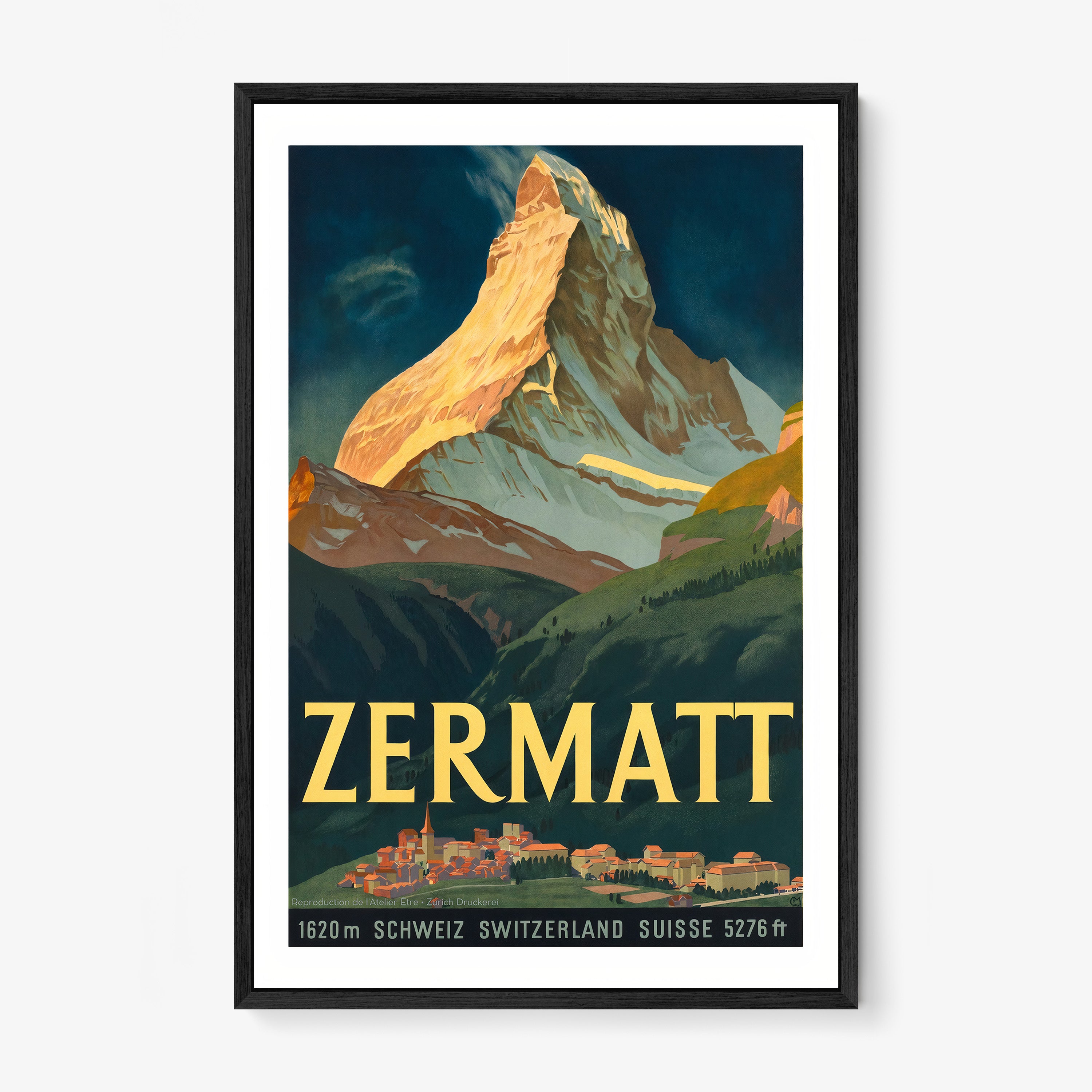 Framed poster of Zermatt hanging on a light background